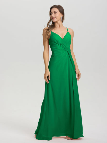 A-Line Spaghetti Straps Ruched Floor Length Chiffon Bridesmaid Dress