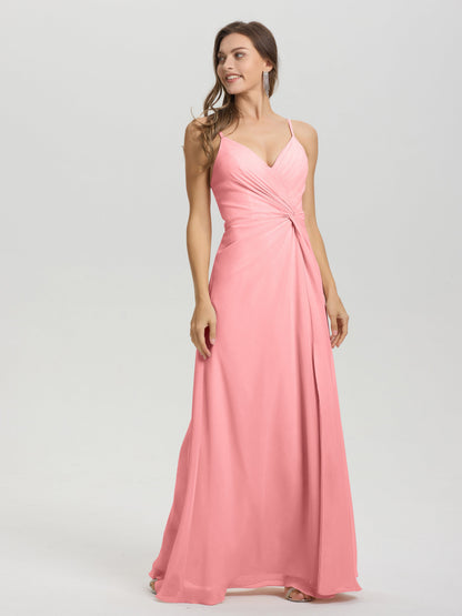 A-Line Spaghetti Straps Ruched Floor Length Chiffon Bridesmaid Dress