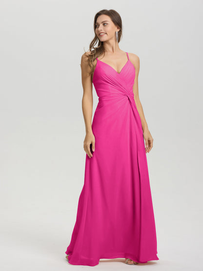 A-Line Spaghetti Straps Ruched Floor Length Chiffon Bridesmaid Dress