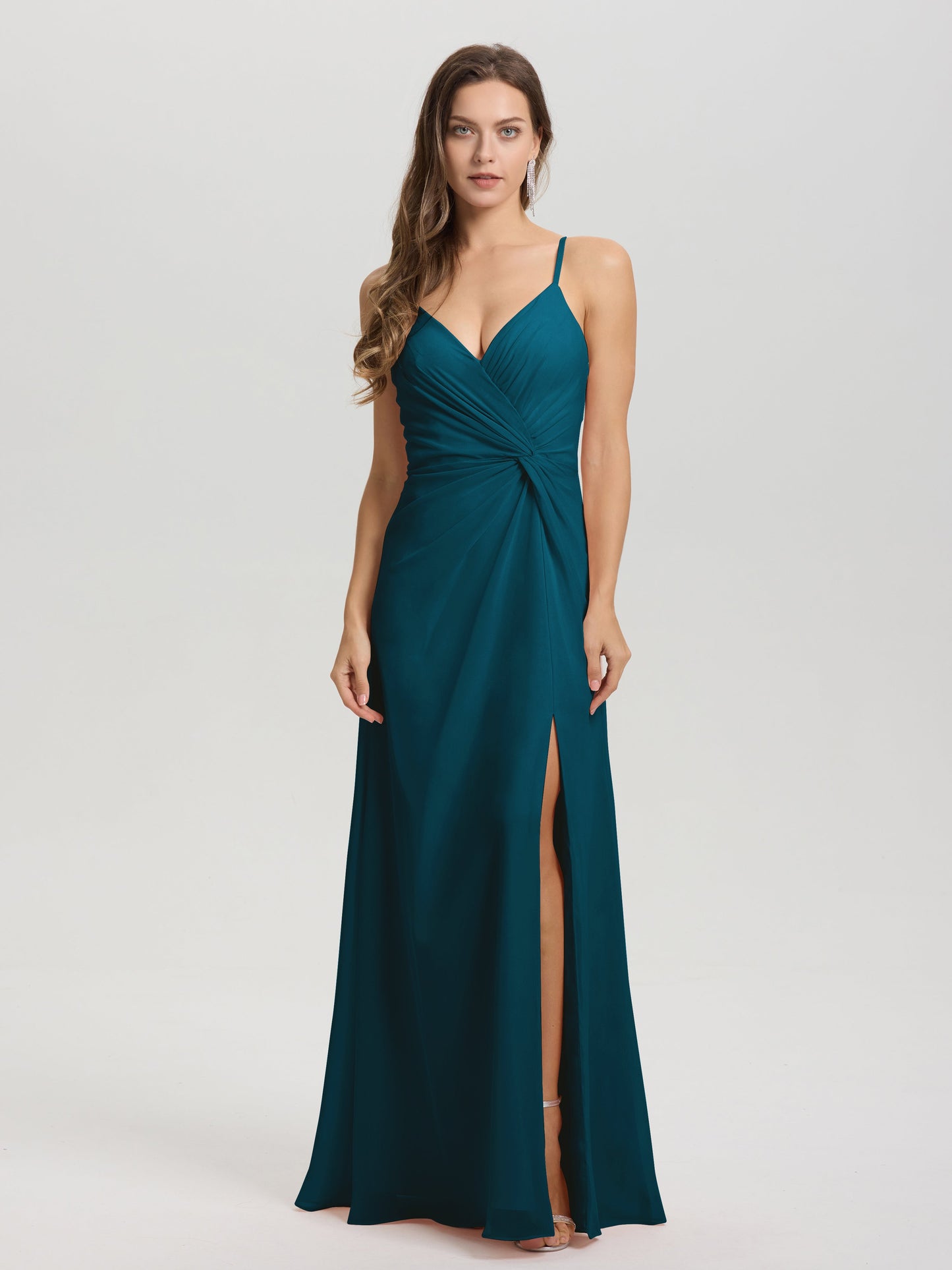A-Line Spaghetti Straps Ruched Floor Length Chiffon Bridesmaid Dress