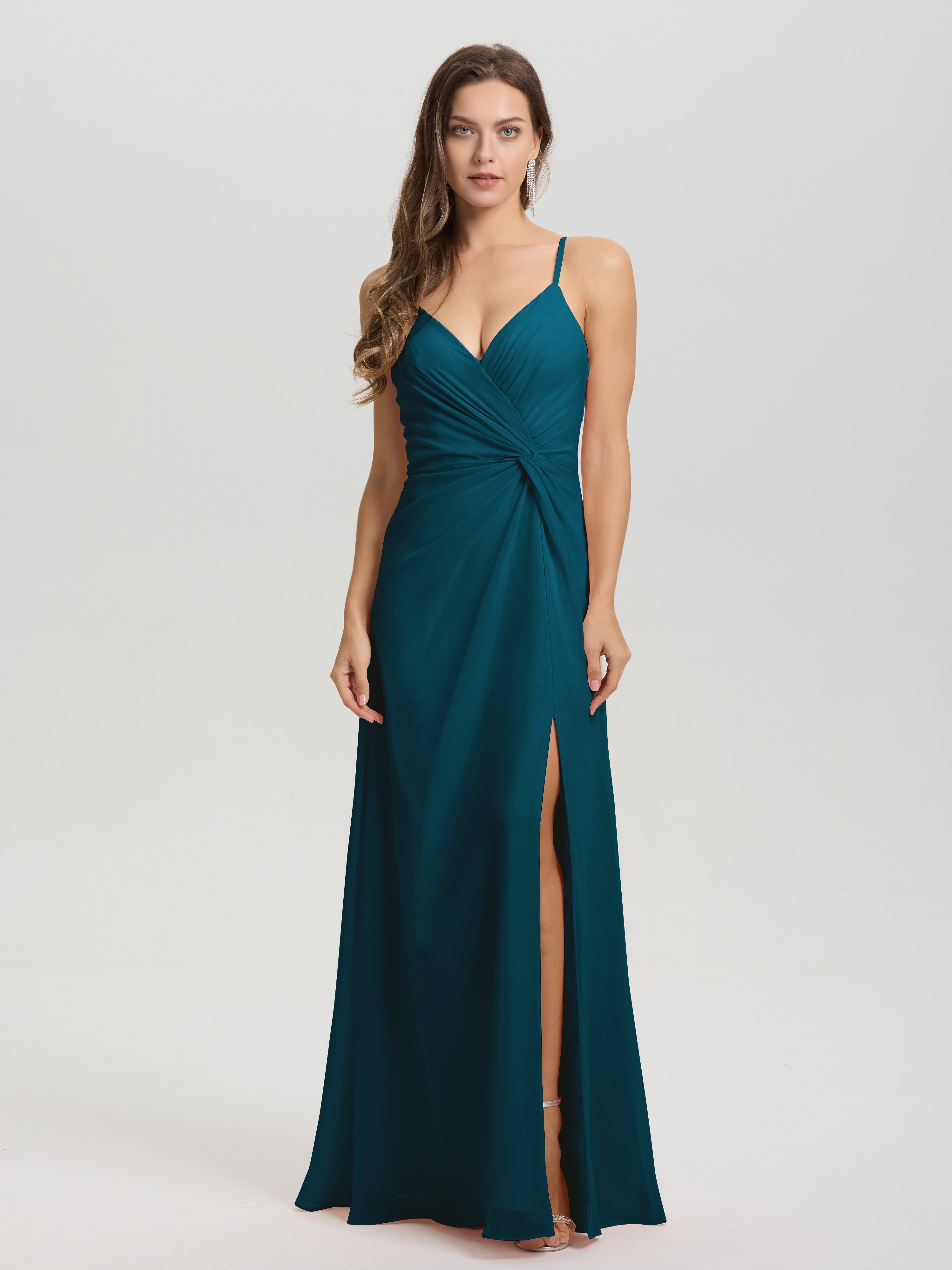 A-Line Spaghetti Straps Ruched Floor Length Chiffon Bridesmaid Dress
