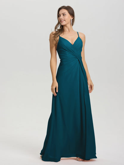 A-Line Spaghetti Straps Ruched Floor Length Chiffon Bridesmaid Dress