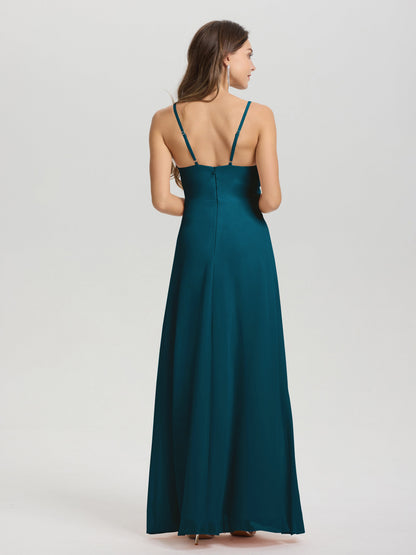 A-Line Spaghetti Straps Ruched Floor Length Chiffon Bridesmaid Dress