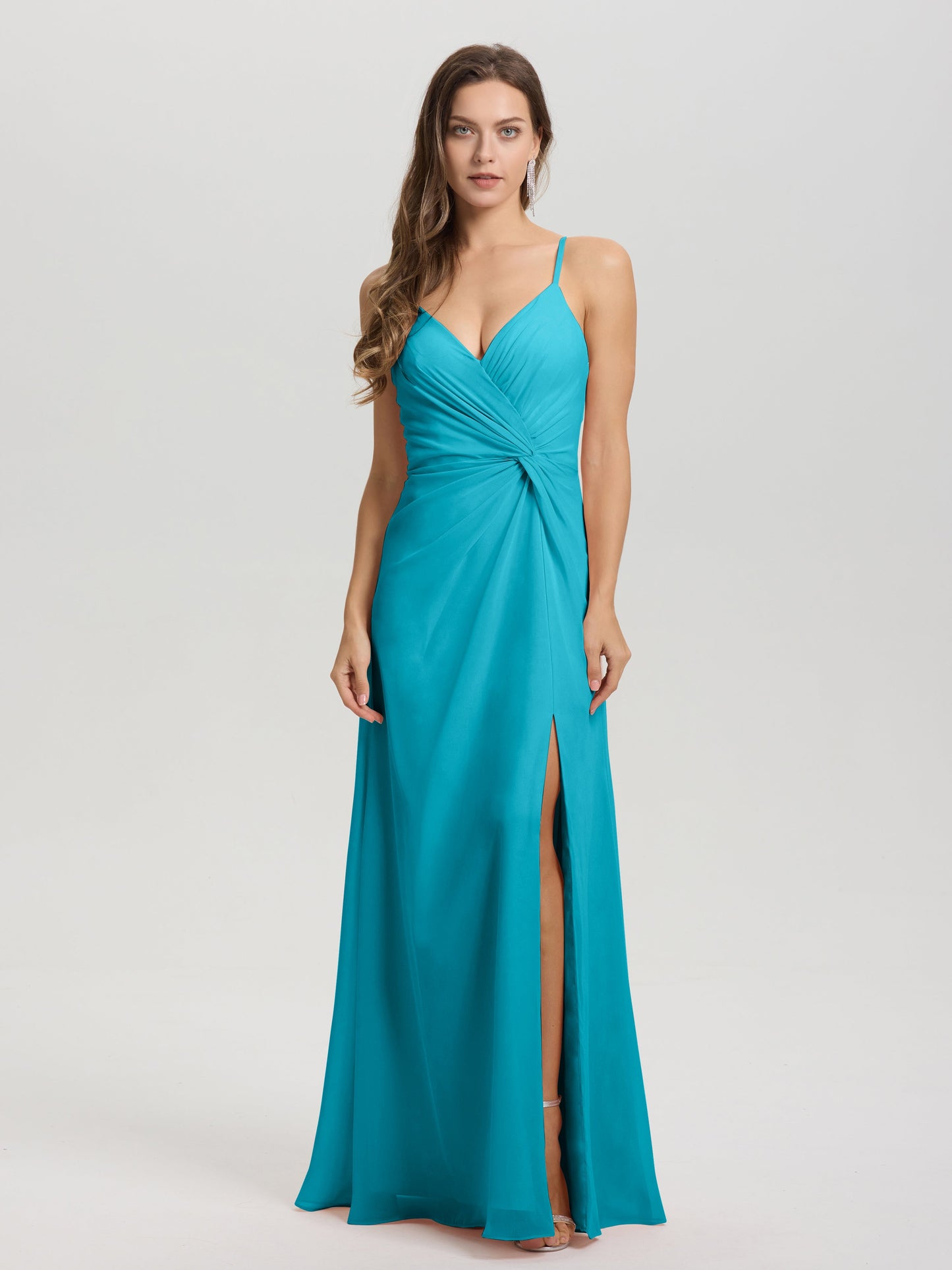 A-Line Spaghetti Straps Ruched Floor Length Chiffon Bridesmaid Dress