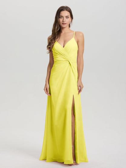 A-Line Spaghetti Straps Ruched Floor Length Chiffon Bridesmaid Dress