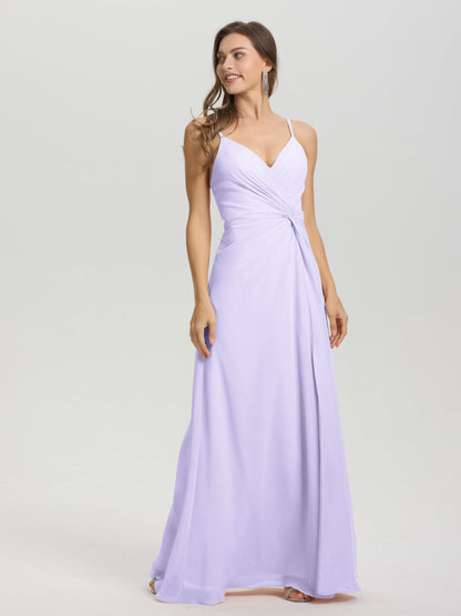 A-Line Spaghetti Straps Ruched Floor Length Chiffon Bridesmaid Dress