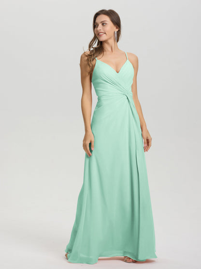 A-Line Spaghetti Straps Ruched Floor Length Chiffon Bridesmaid Dress