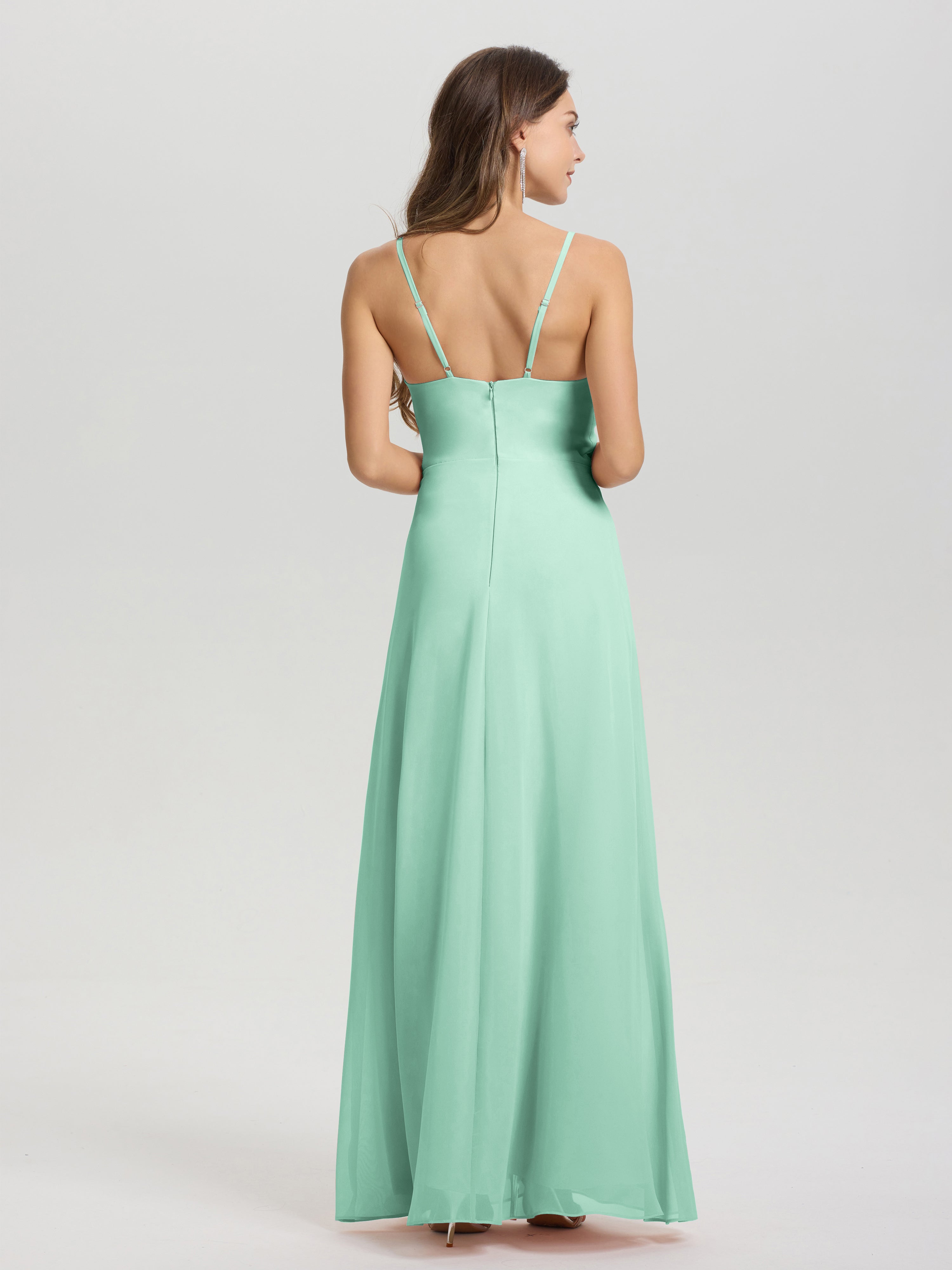 A-Line Spaghetti Straps Ruched Floor Length Chiffon Bridesmaid Dress