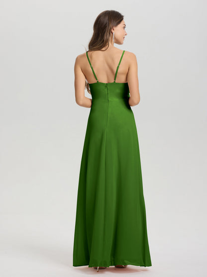 A-Line Spaghetti Straps Ruched Floor Length Chiffon Bridesmaid Dress