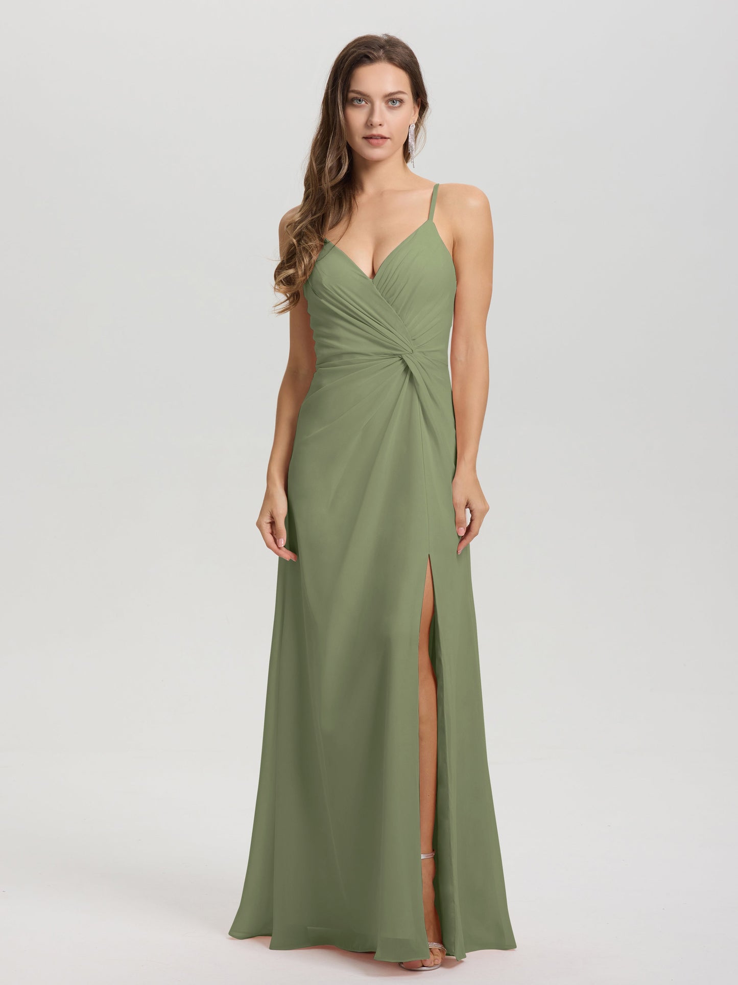 A-Line Spaghetti Straps Ruched Floor Length Chiffon Bridesmaid Dress