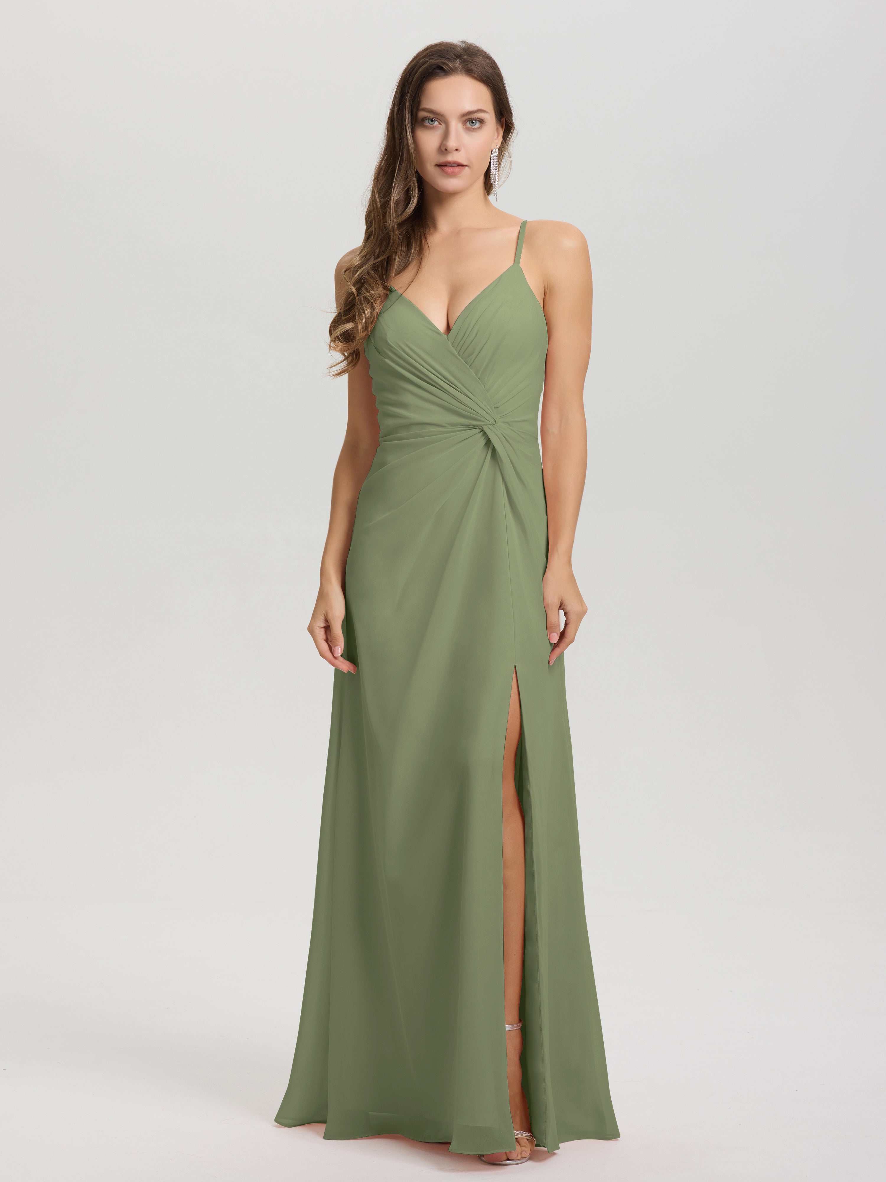 A-Line Spaghetti Straps Ruched Floor Length Chiffon Bridesmaid Dress