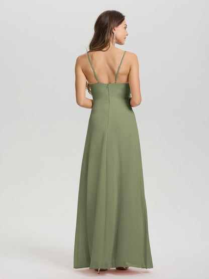 A-Line Spaghetti Straps Ruched Floor Length Chiffon Bridesmaid Dress