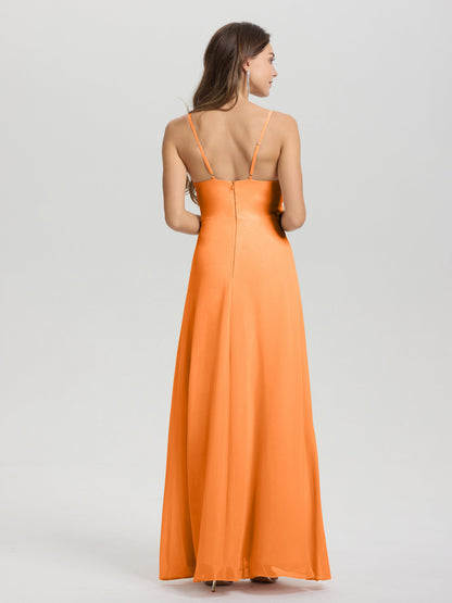 A-Line Spaghetti Straps Ruched Floor Length Chiffon Bridesmaid Dress