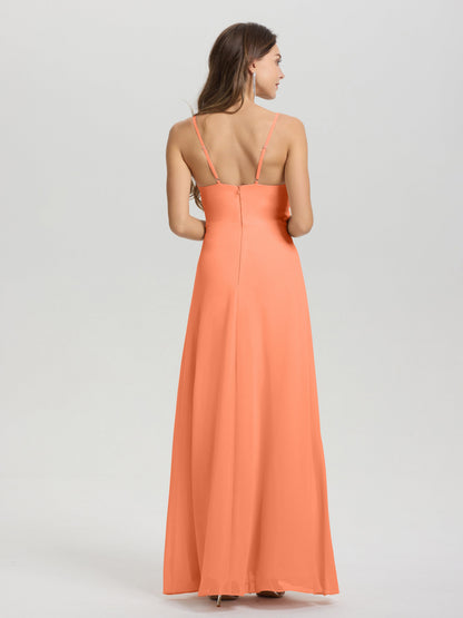 A-Line Spaghetti Straps Ruched Floor Length Chiffon Bridesmaid Dress