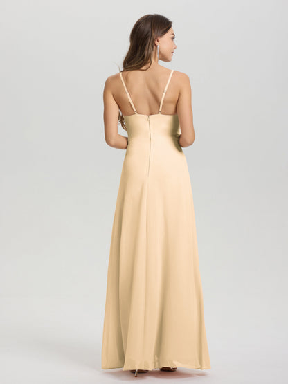 A-Line Spaghetti Straps Ruched Floor Length Chiffon Bridesmaid Dress