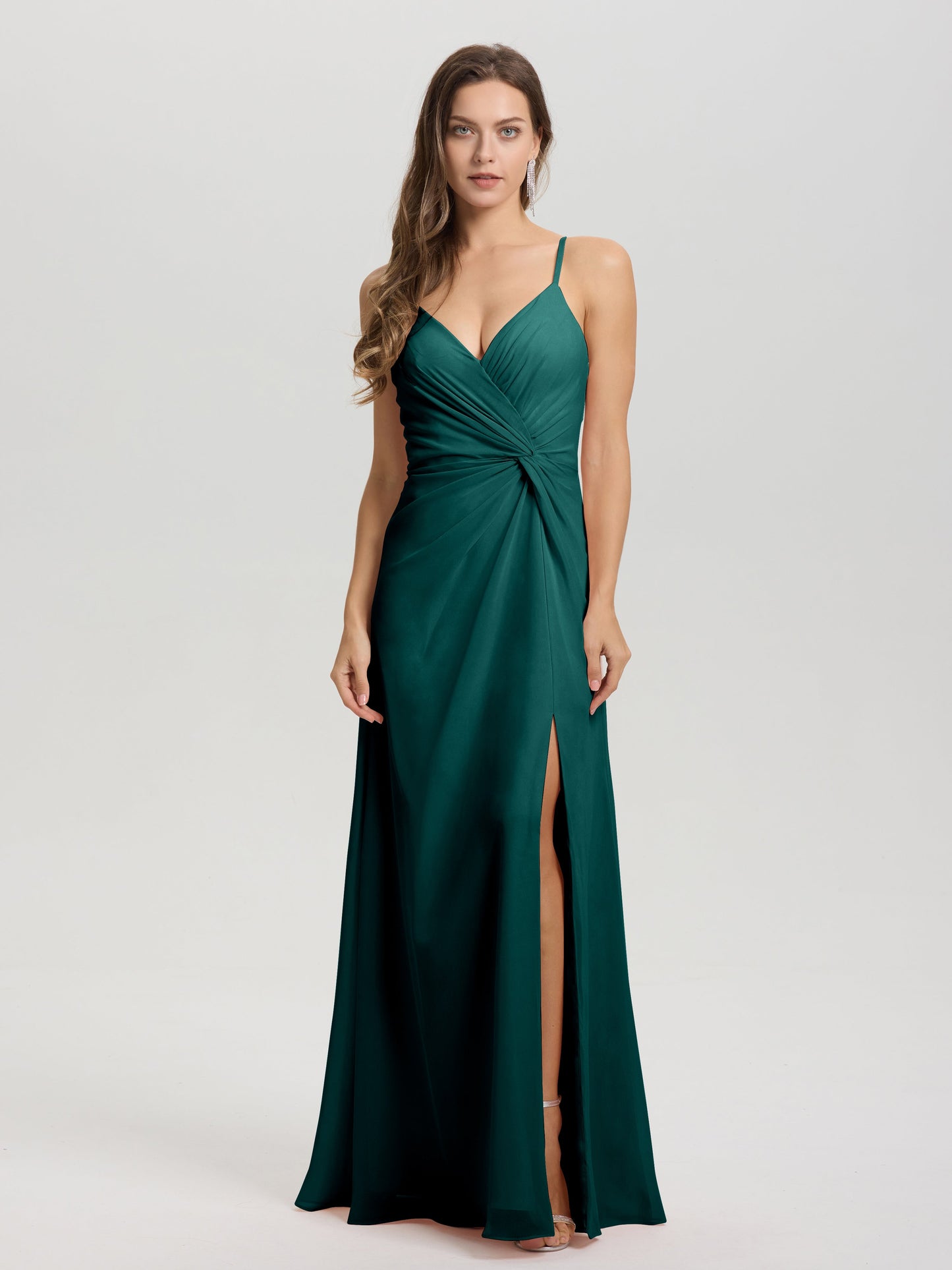 A-Line Spaghetti Straps Ruched Floor Length Chiffon Bridesmaid Dress