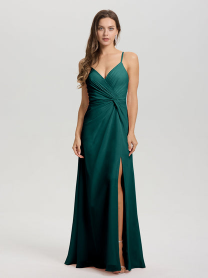 A-Line Spaghetti Straps Ruched Floor Length Chiffon Bridesmaid Dress