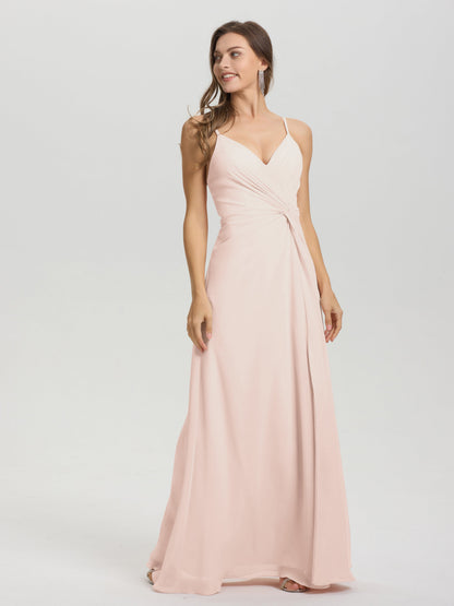 A-Line Spaghetti Straps Ruched Floor Length Chiffon Bridesmaid Dress