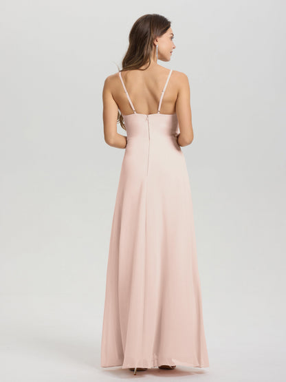 A-Line Spaghetti Straps Ruched Floor Length Chiffon Bridesmaid Dress