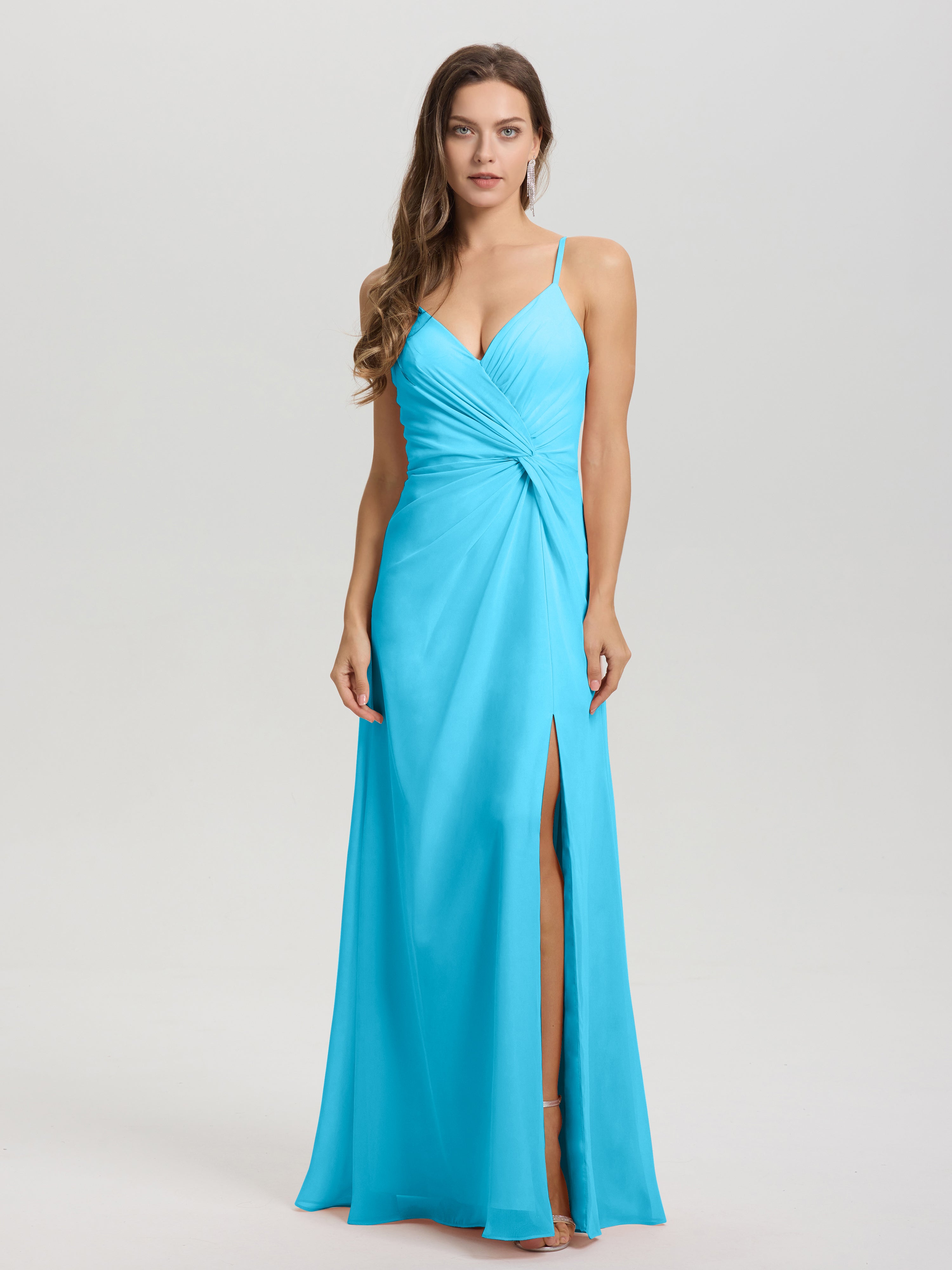 A-Line Spaghetti Straps Ruched Floor Length Chiffon Bridesmaid Dress