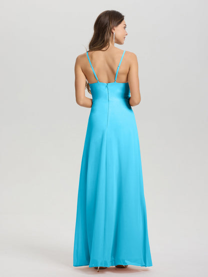 A-Line Spaghetti Straps Ruched Floor Length Chiffon Bridesmaid Dress