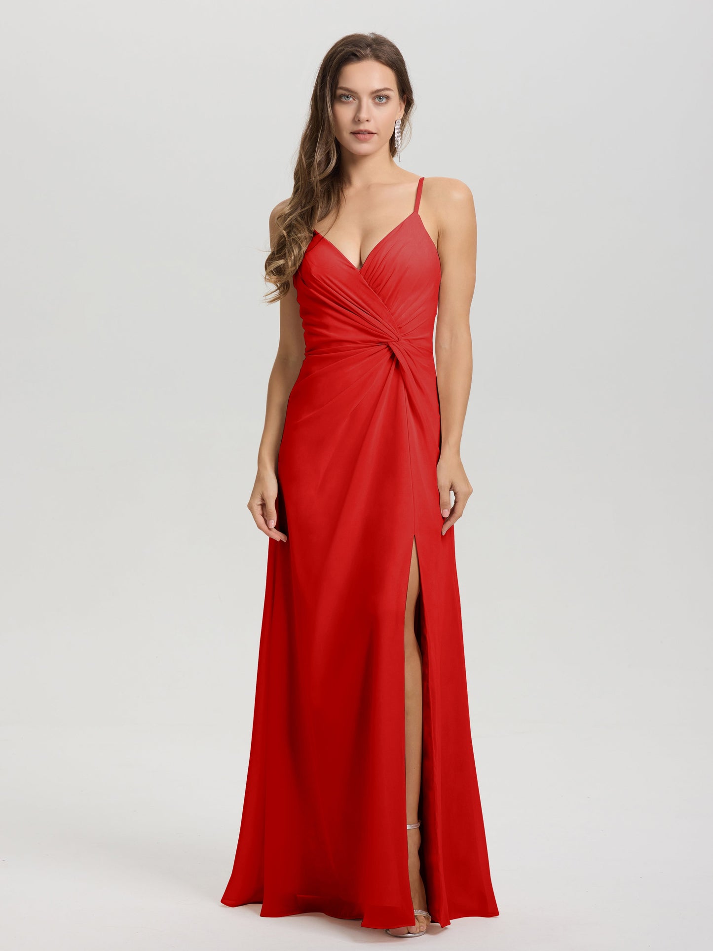 A-Line Spaghetti Straps Ruched Floor Length Chiffon Bridesmaid Dress
