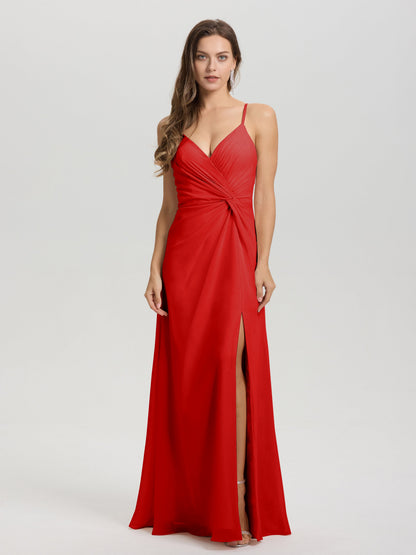 A-Line Spaghetti Straps Ruched Floor Length Chiffon Bridesmaid Dress