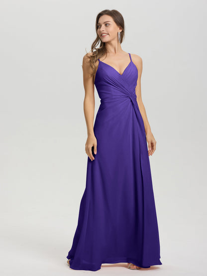 A-Line Spaghetti Straps Ruched Floor Length Chiffon Bridesmaid Dress