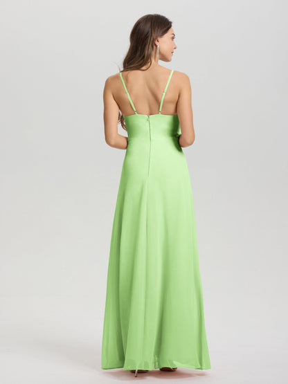 A-Line Spaghetti Straps Ruched Floor Length Chiffon Bridesmaid Dress