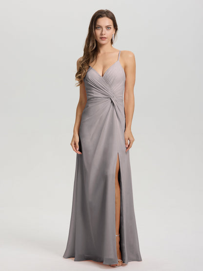 A-Line Spaghetti Straps Ruched Floor Length Chiffon Bridesmaid Dress