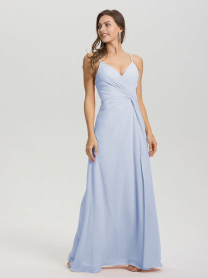 A-Line Spaghetti Straps Ruched Floor Length Chiffon Bridesmaid Dress