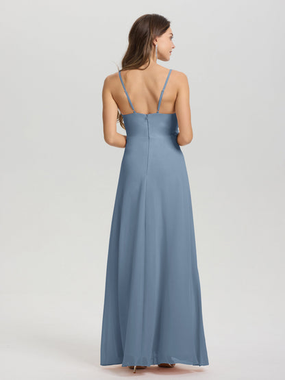 A-Line Spaghetti Straps Ruched Floor Length Chiffon Bridesmaid Dress