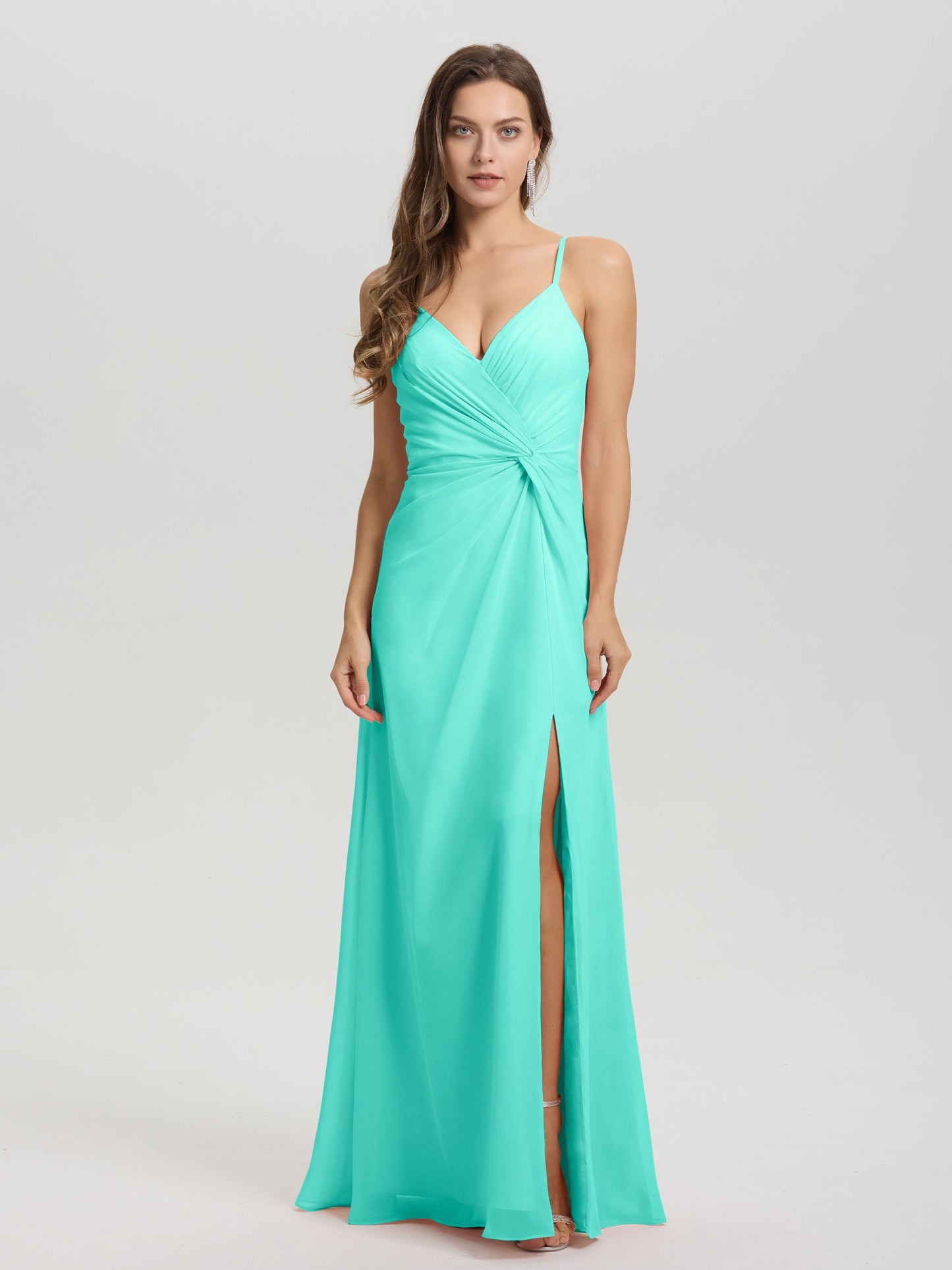 A-Line Spaghetti Straps Ruched Floor Length Chiffon Bridesmaid Dress