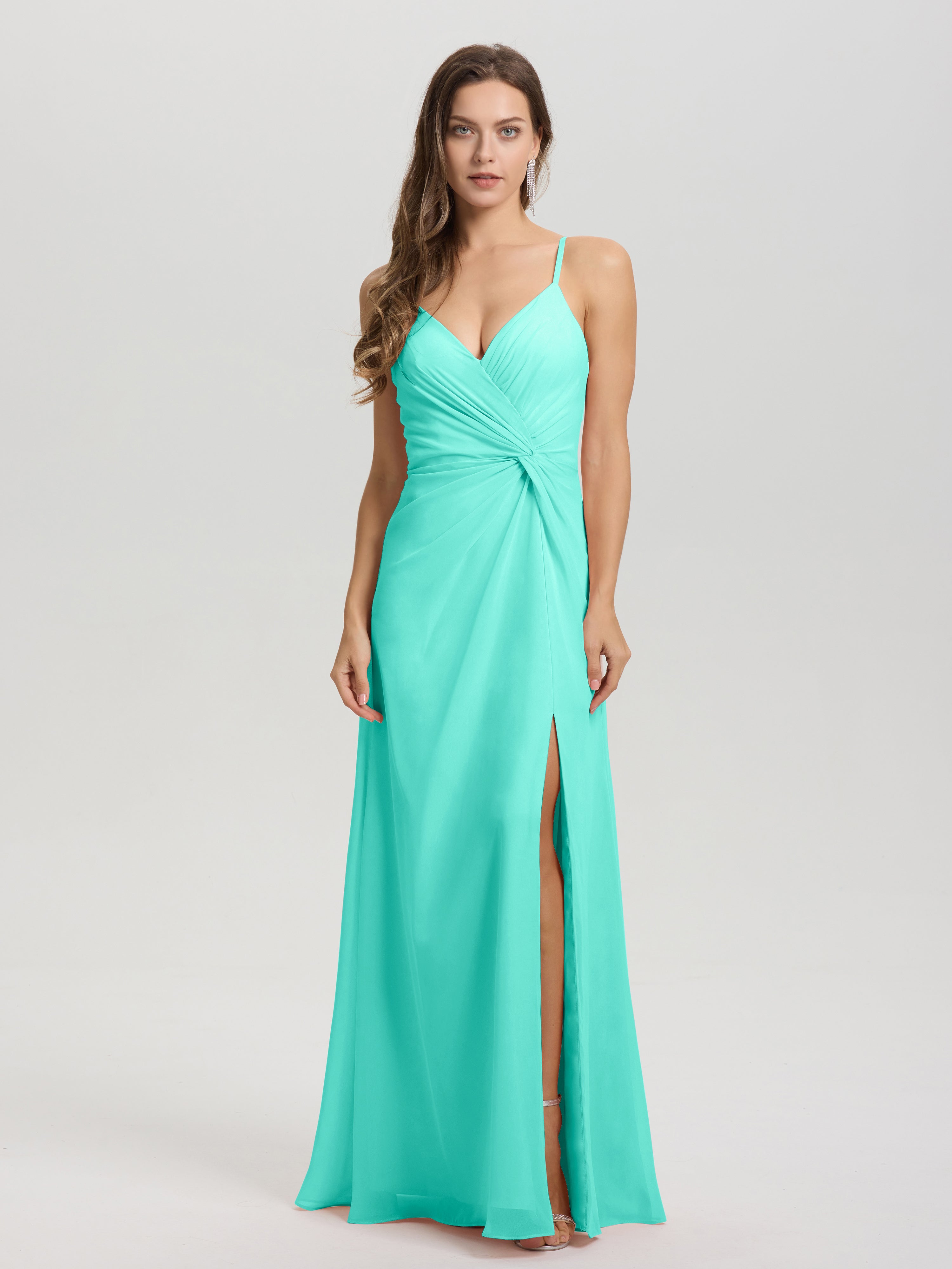 A-Line Spaghetti Straps Ruched Floor Length Chiffon Bridesmaid Dress
