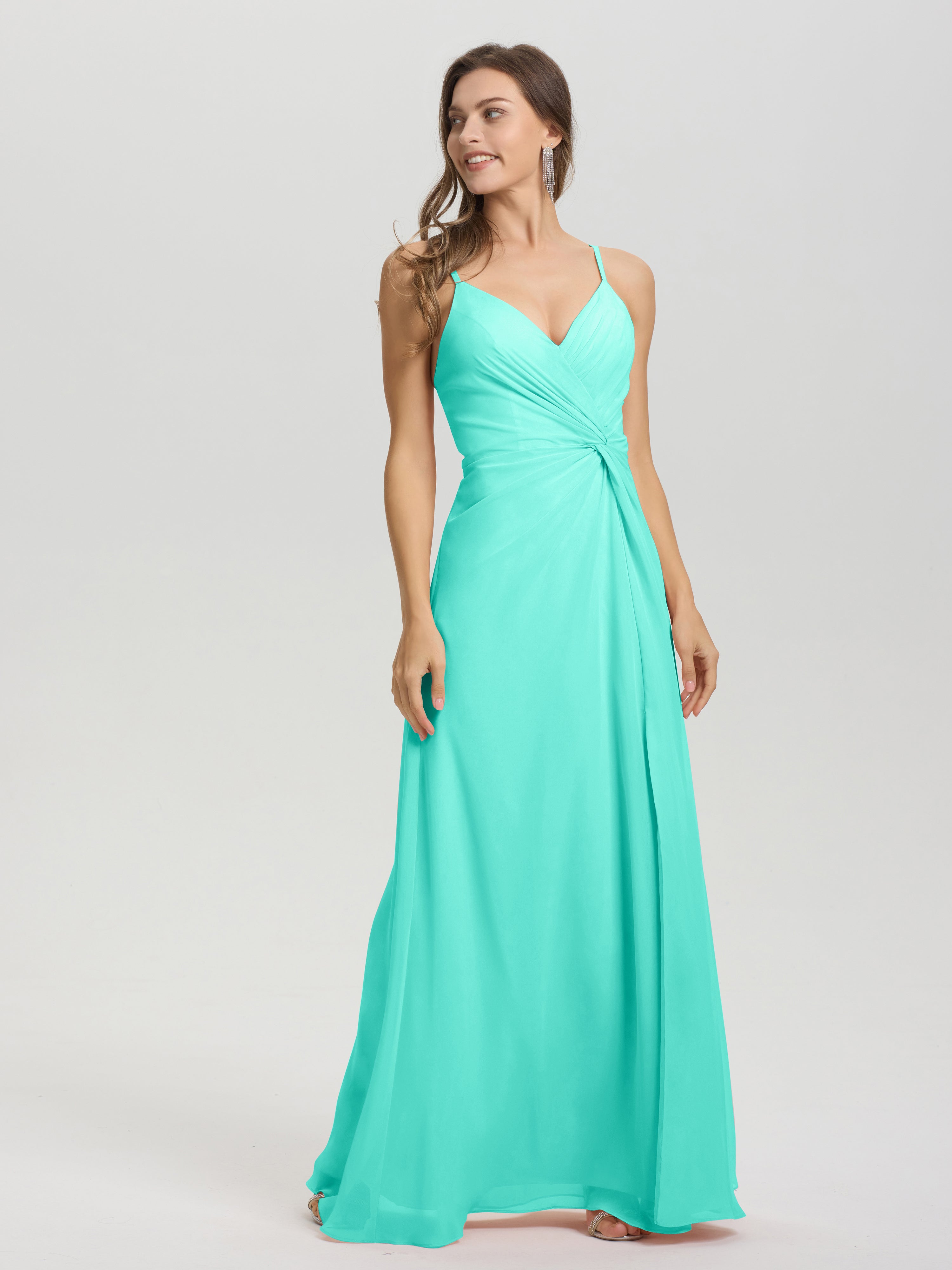 A-Line Spaghetti Straps Ruched Floor Length Chiffon Bridesmaid Dress