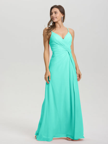 A-Line Spaghetti Straps Ruched Floor Length Chiffon Bridesmaid Dress