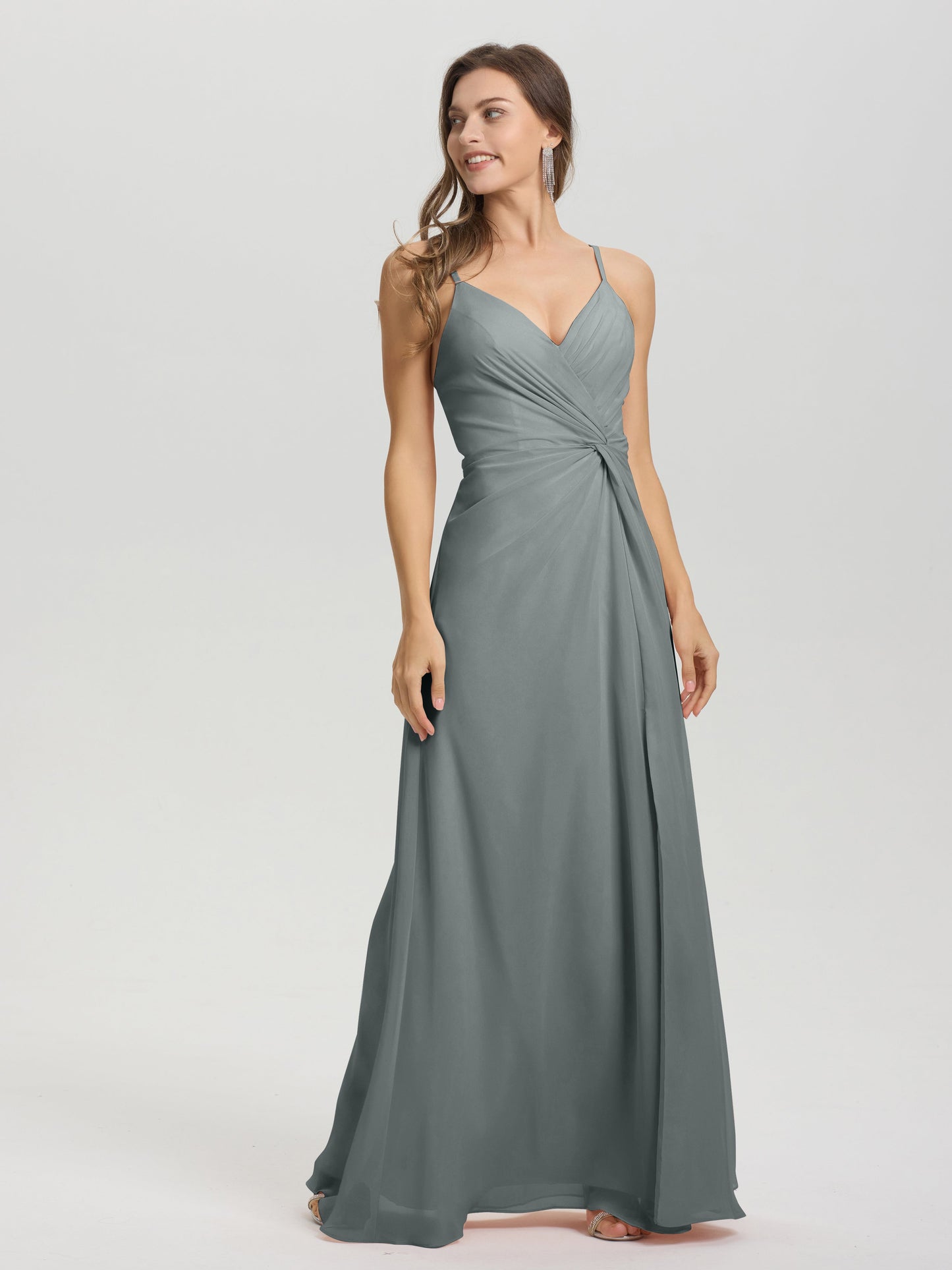 A-Line Spaghetti Straps Ruched Floor Length Chiffon Bridesmaid Dress