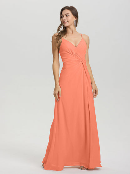 A-Line Spaghetti Straps Ruched Floor Length Chiffon Bridesmaid Dress