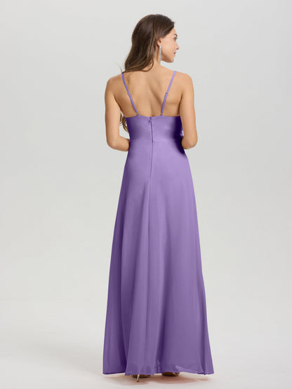 A-Line Spaghetti Straps Ruched Floor Length Chiffon Bridesmaid Dress