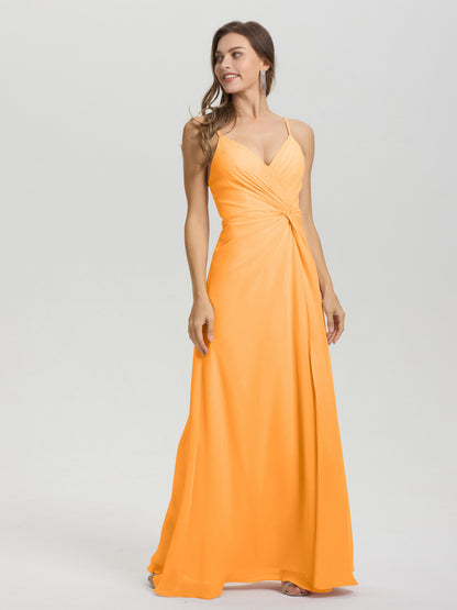 A-Line Spaghetti Straps Ruched Floor Length Chiffon Bridesmaid Dress