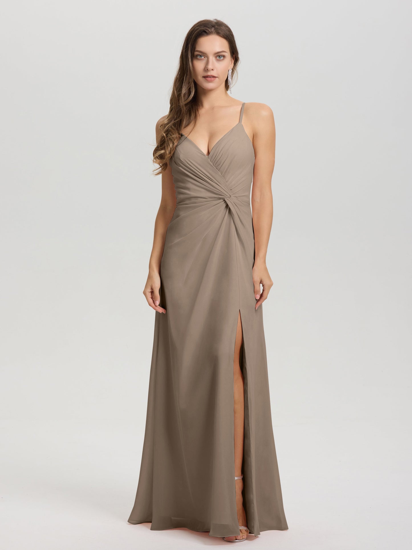 A-Line Spaghetti Straps Ruched Floor Length Chiffon Bridesmaid Dress