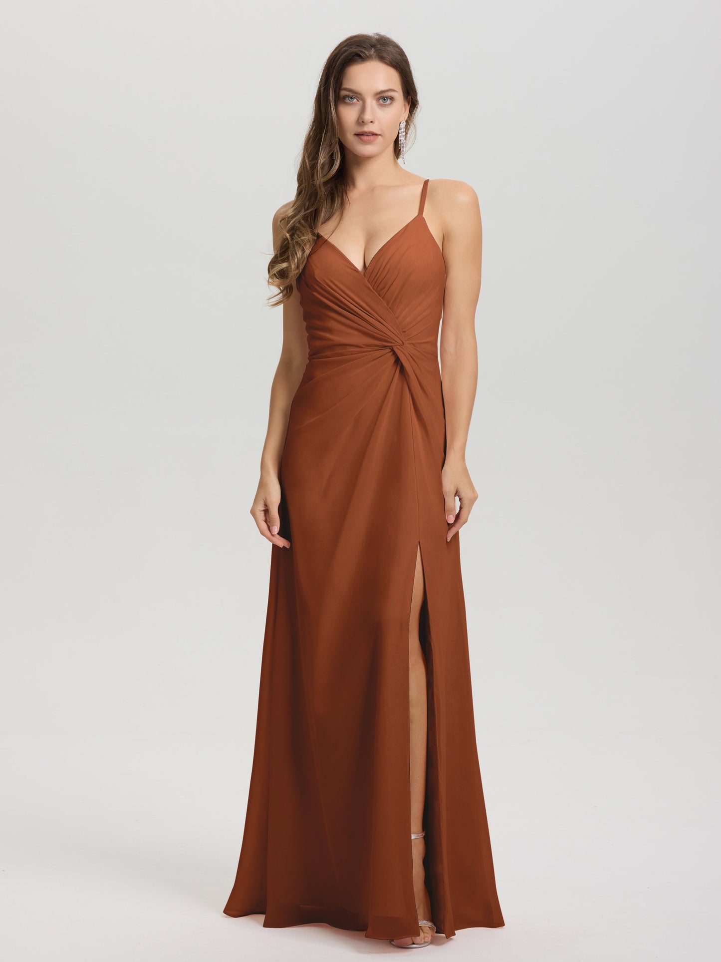 A-Line Spaghetti Straps Ruched Floor Length Chiffon Bridesmaid Dress