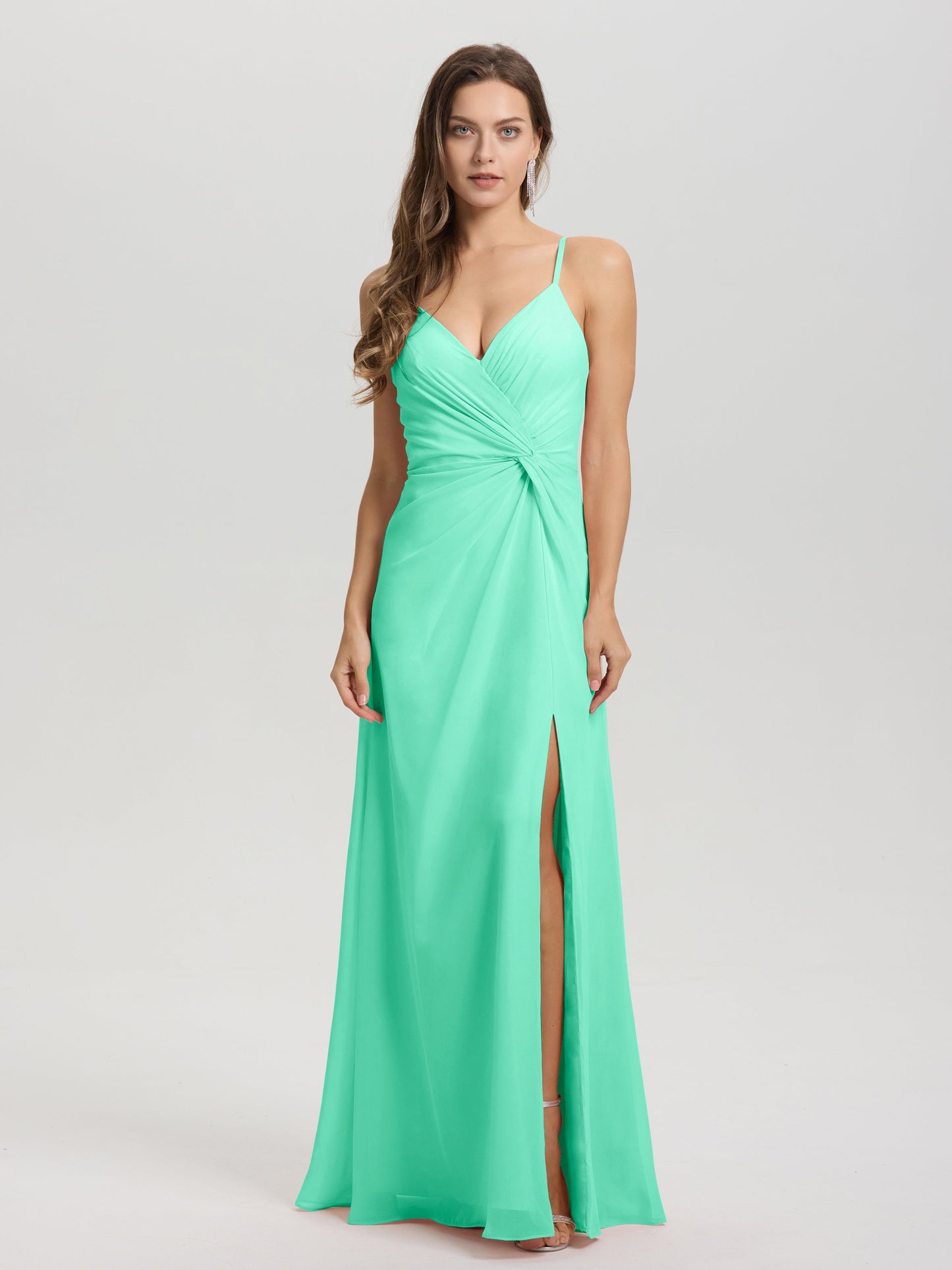 A-Line Spaghetti Straps Ruched Floor Length Chiffon Bridesmaid Dress