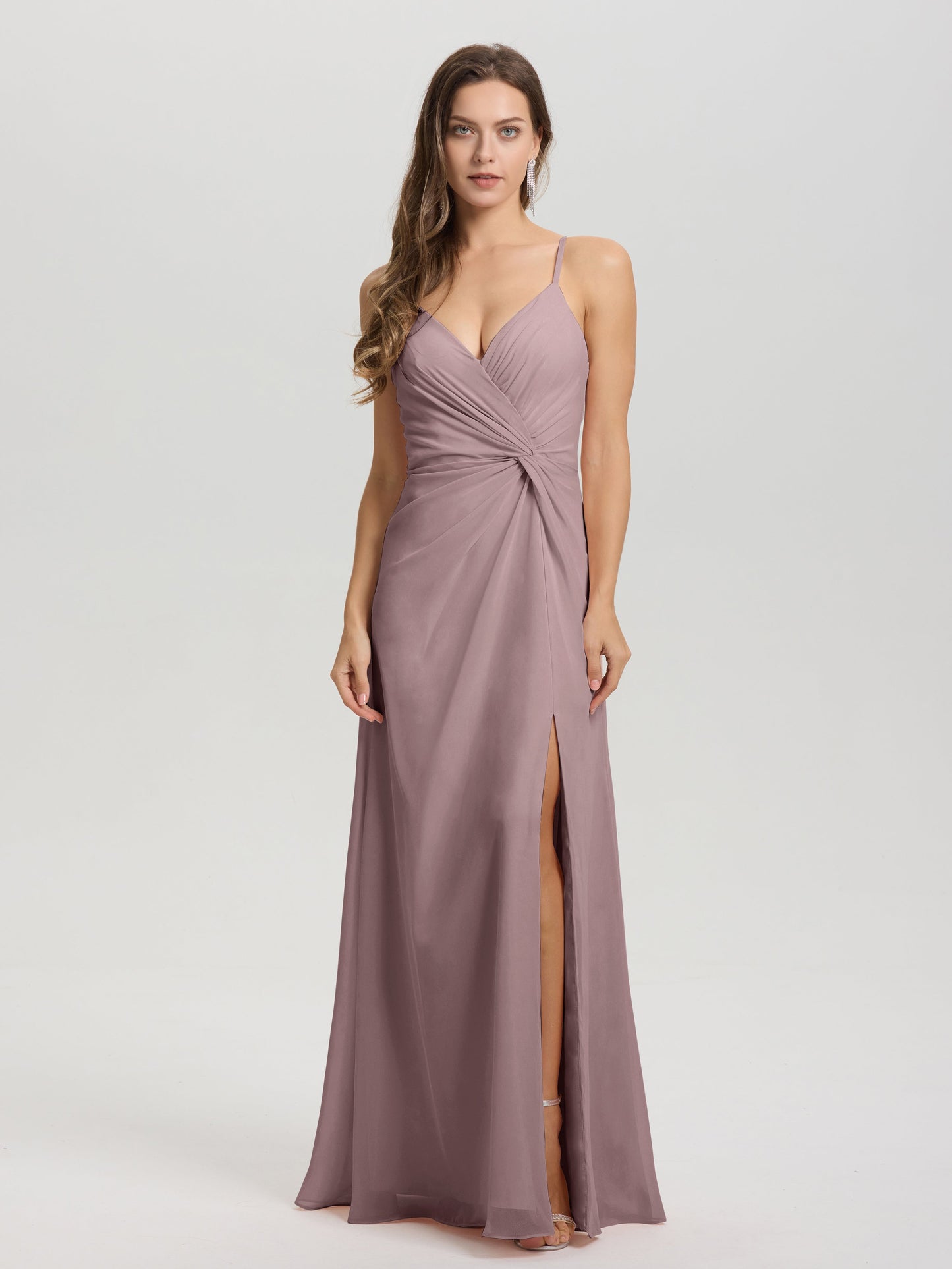 A-Line Spaghetti Straps Ruched Floor Length Chiffon Bridesmaid Dress