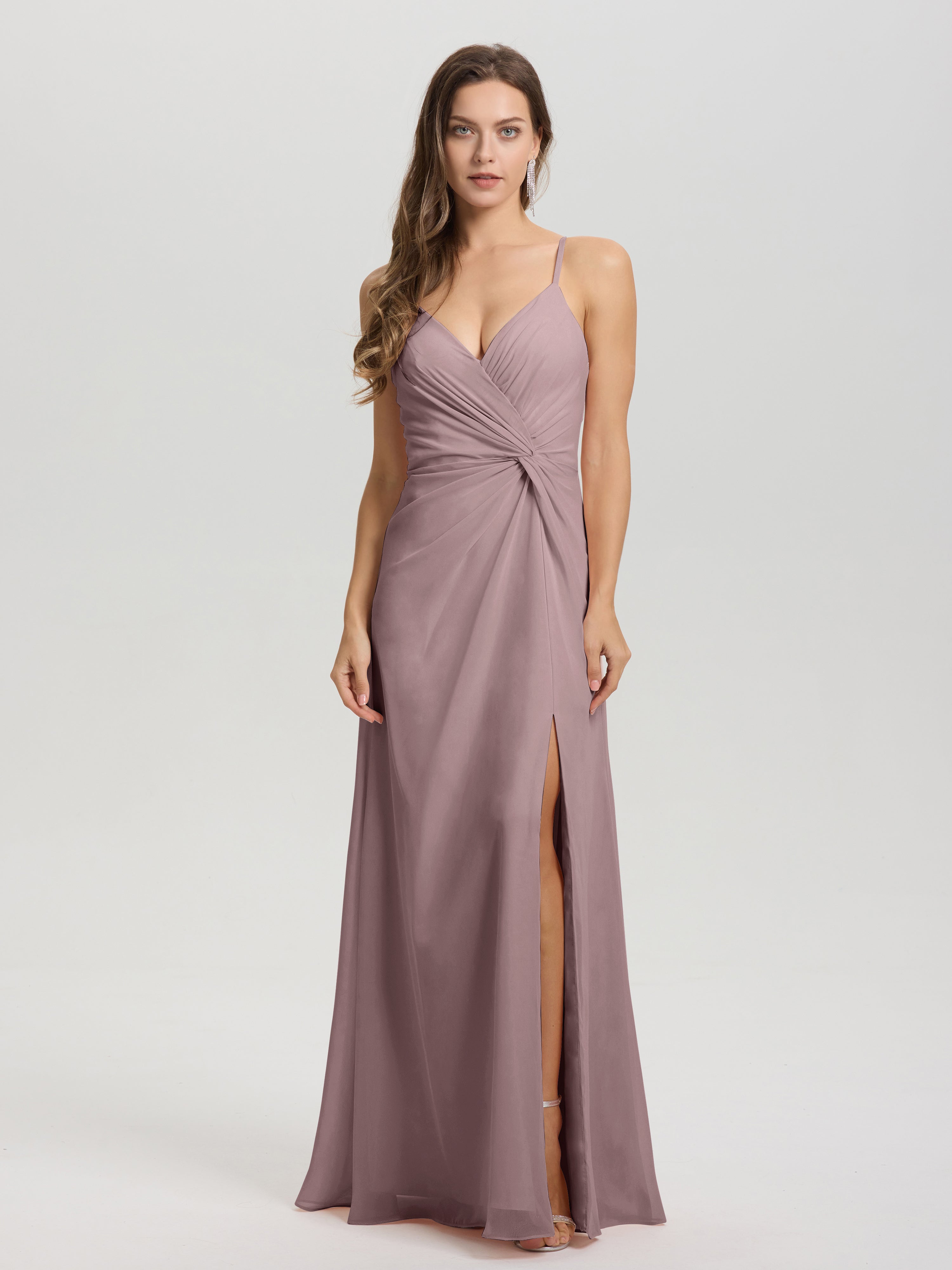 A-Line Spaghetti Straps Ruched Floor Length Chiffon Bridesmaid Dress