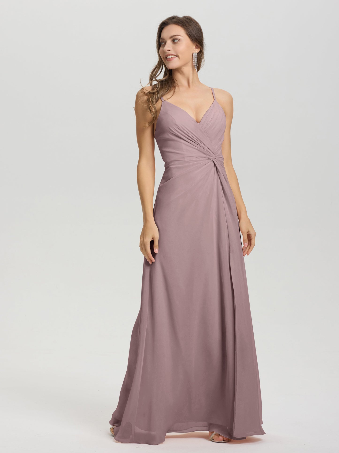 A-Line Spaghetti Straps Ruched Floor Length Chiffon Bridesmaid Dress