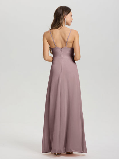 A-Line Spaghetti Straps Ruched Floor Length Chiffon Bridesmaid Dress