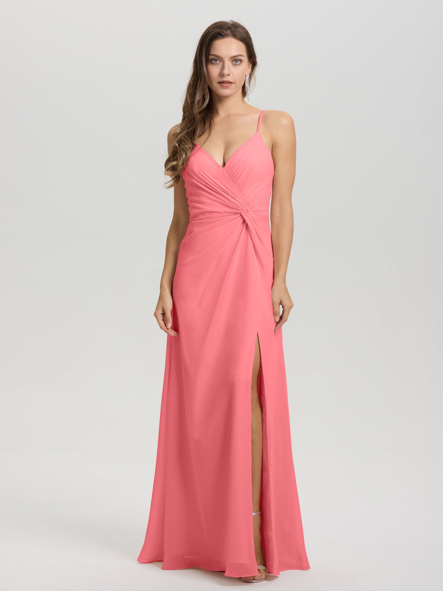 A-Line Spaghetti Straps Ruched Floor Length Chiffon Bridesmaid Dress