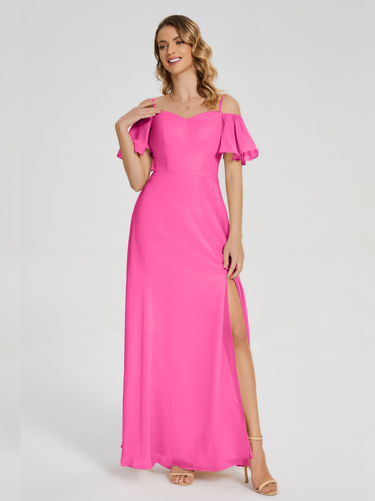 Adelaide A-line Off the Shoulder Chiffon Bridesmaid Dress with Silt