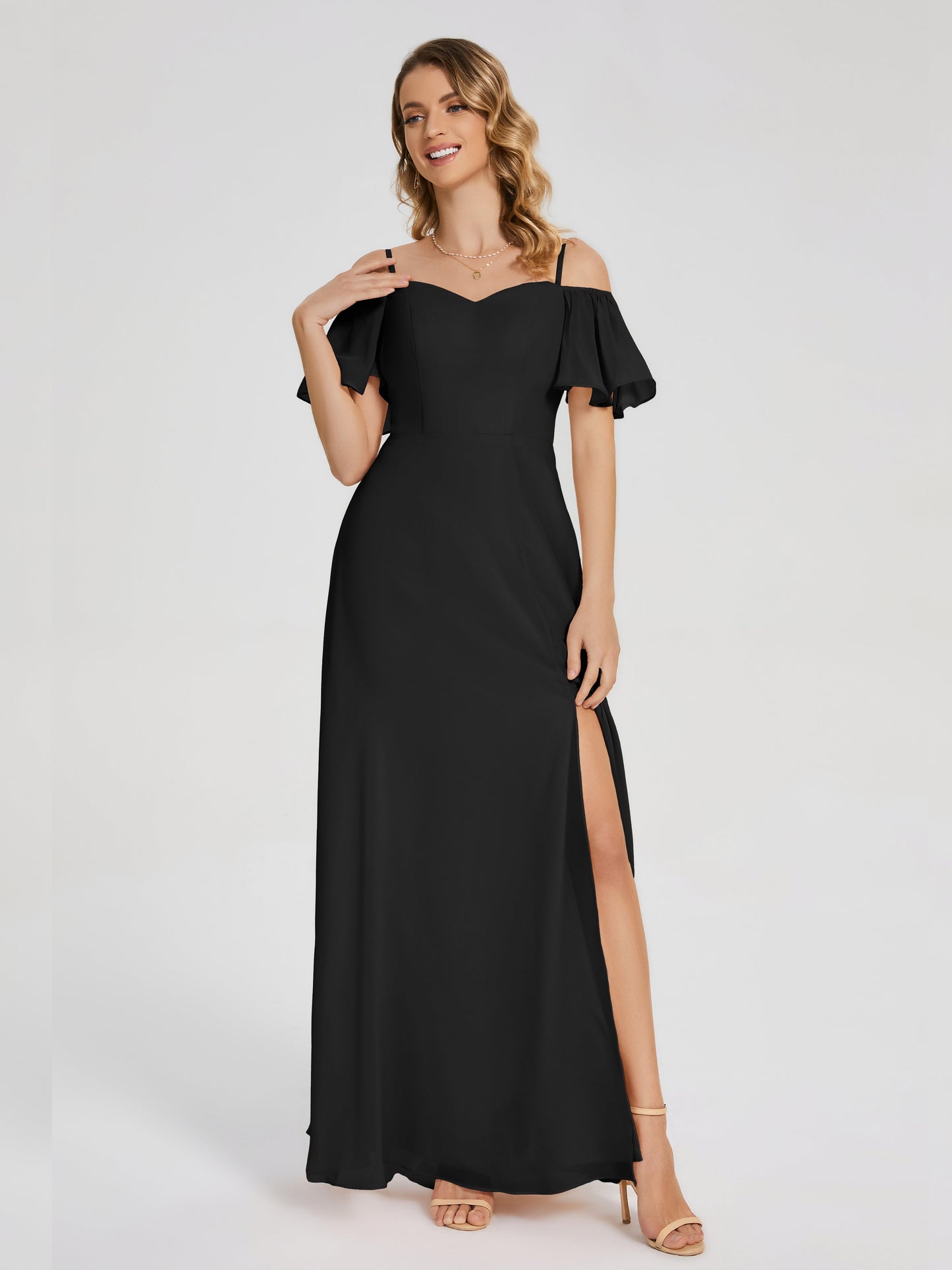 Adelaide A-line Off the Shoulder Chiffon Bridesmaid Dress with Silt